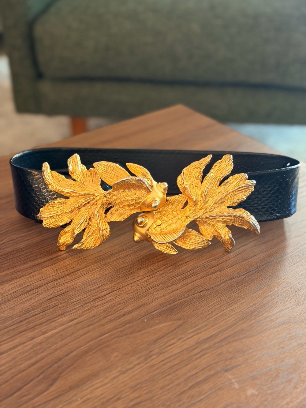 HTF VTG Mimi Di N Black Adjustable belt W/ Gold Tone Koi Fish Buckle Statement